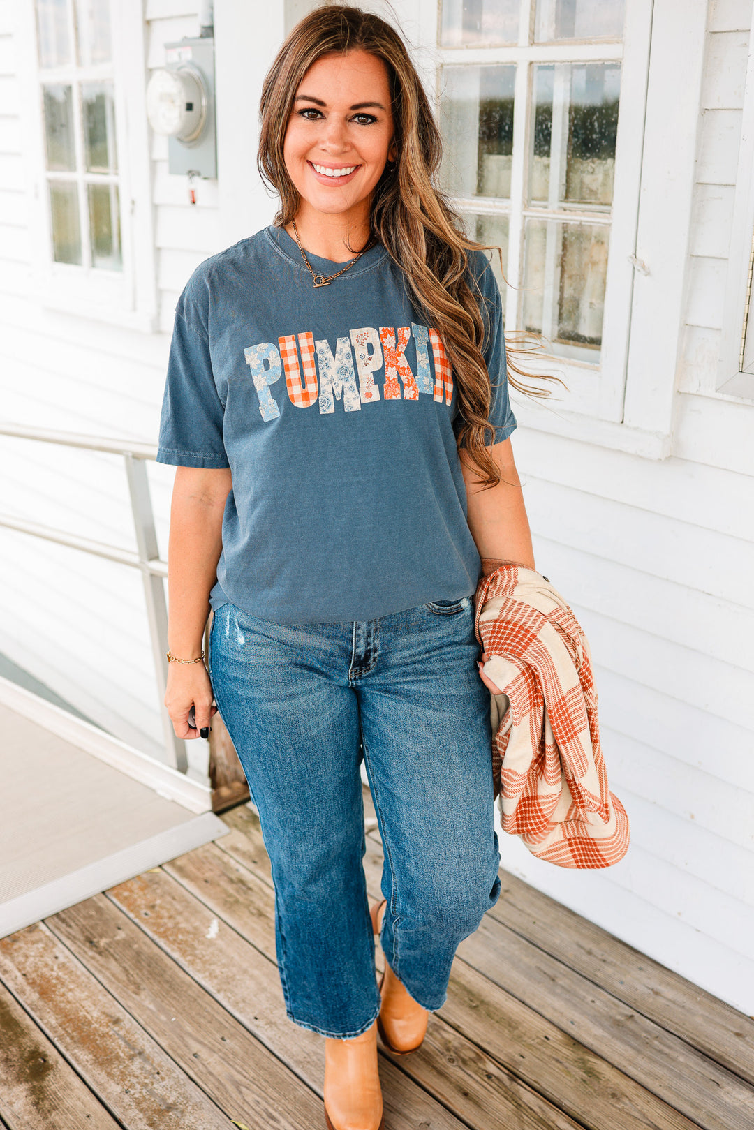 Pumpkin Floral Patterns Graphic Tee - Denim