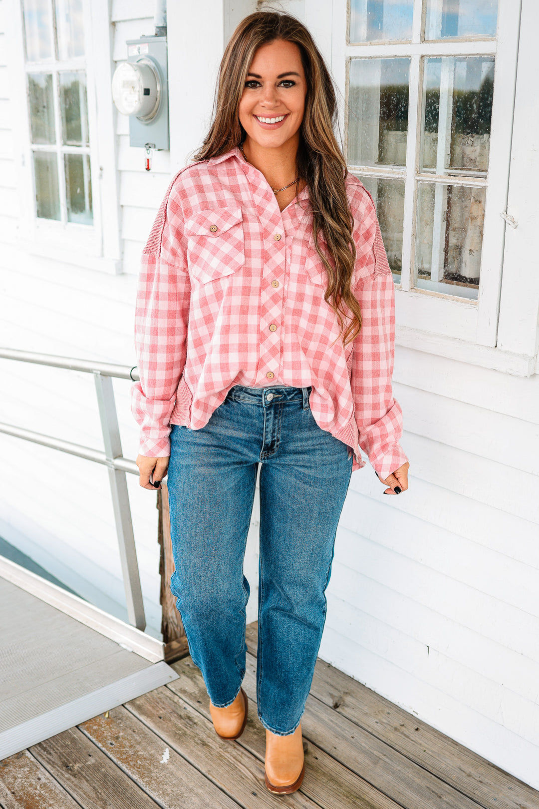 Gingham and Waffle Mixed Button Down Shirt