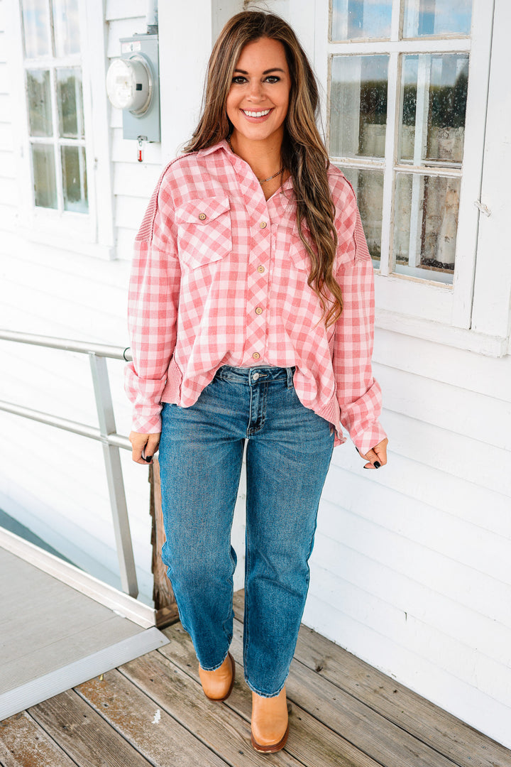 Gingham and Waffle Mixed Button Down Shirt