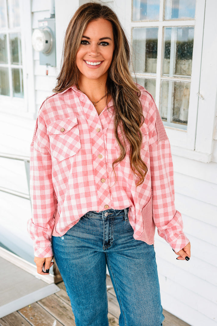 Gingham and Waffle Mixed Button Down Shirt