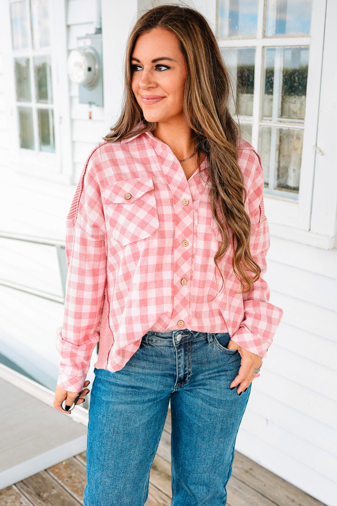 Gingham and Waffle Mixed Button Down Shirt