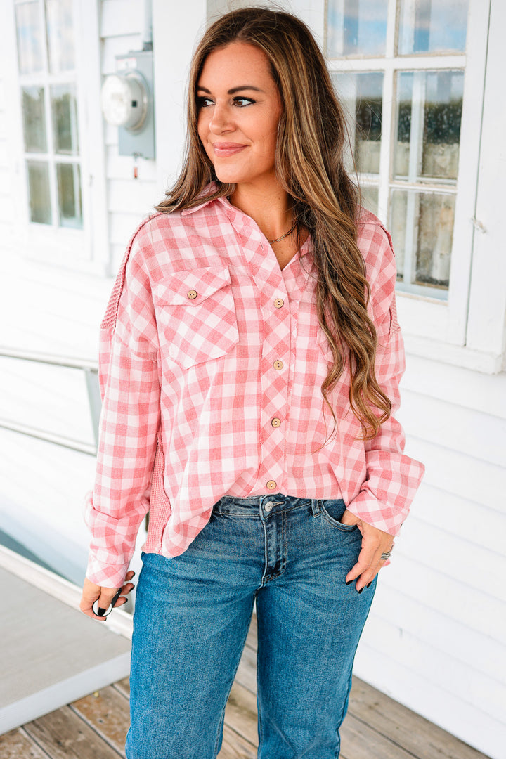 Gingham and Waffle Mixed Button Down Shirt