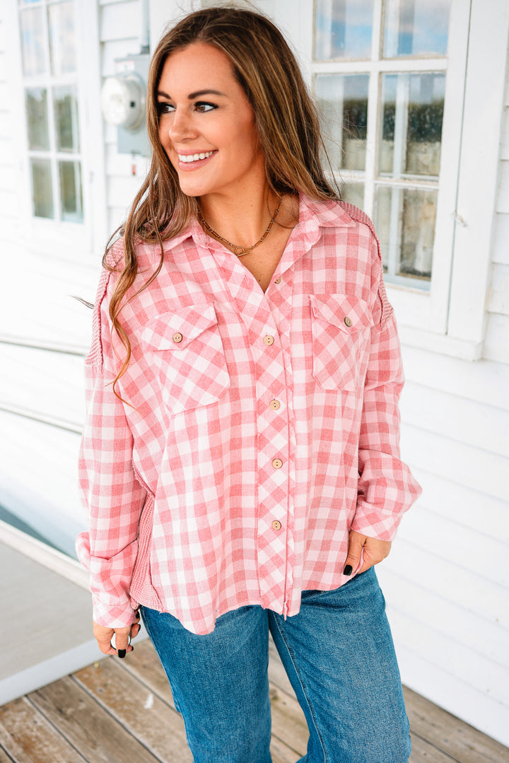 Gingham and Waffle Mixed Button Down Shirt