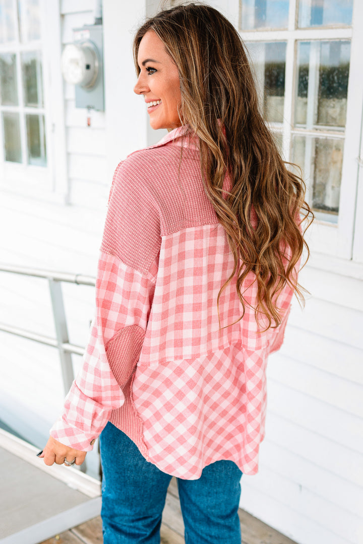 Gingham and Waffle Mixed Button Down Shirt