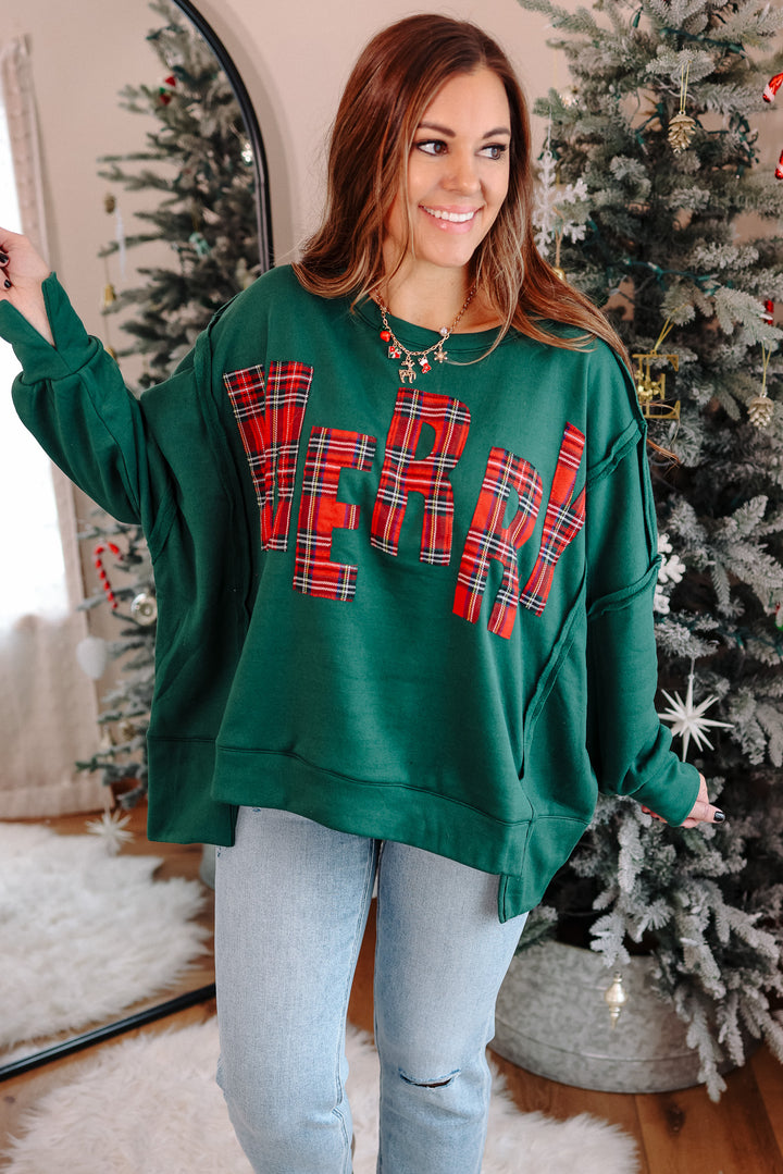 Christmas Plaid Merry Lettering Fleece Sweatshirt
