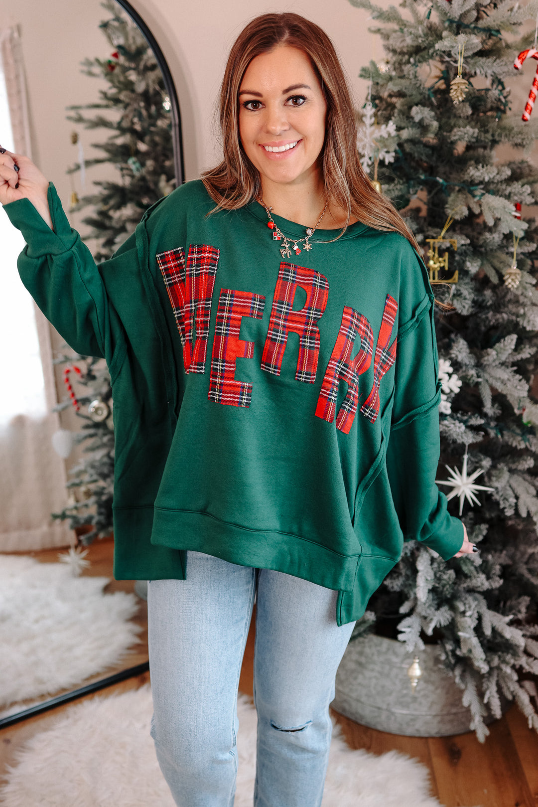 Christmas Plaid Merry Lettering Fleece Sweatshirt
