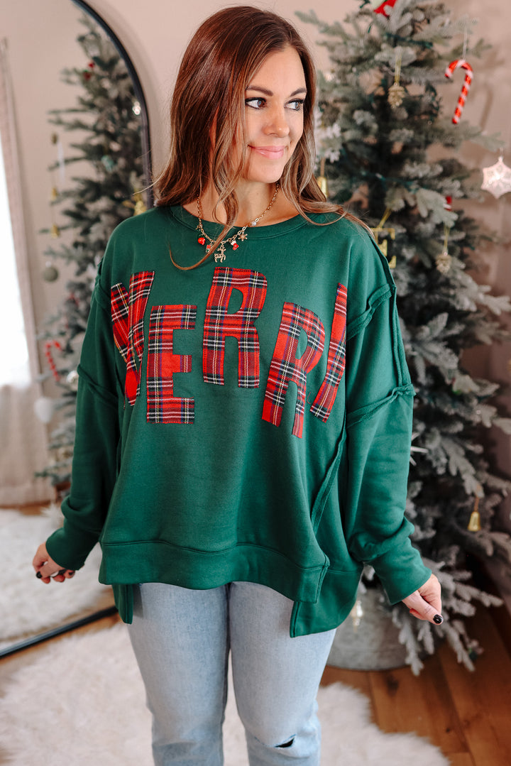 Christmas Plaid Merry Lettering Fleece Sweatshirt