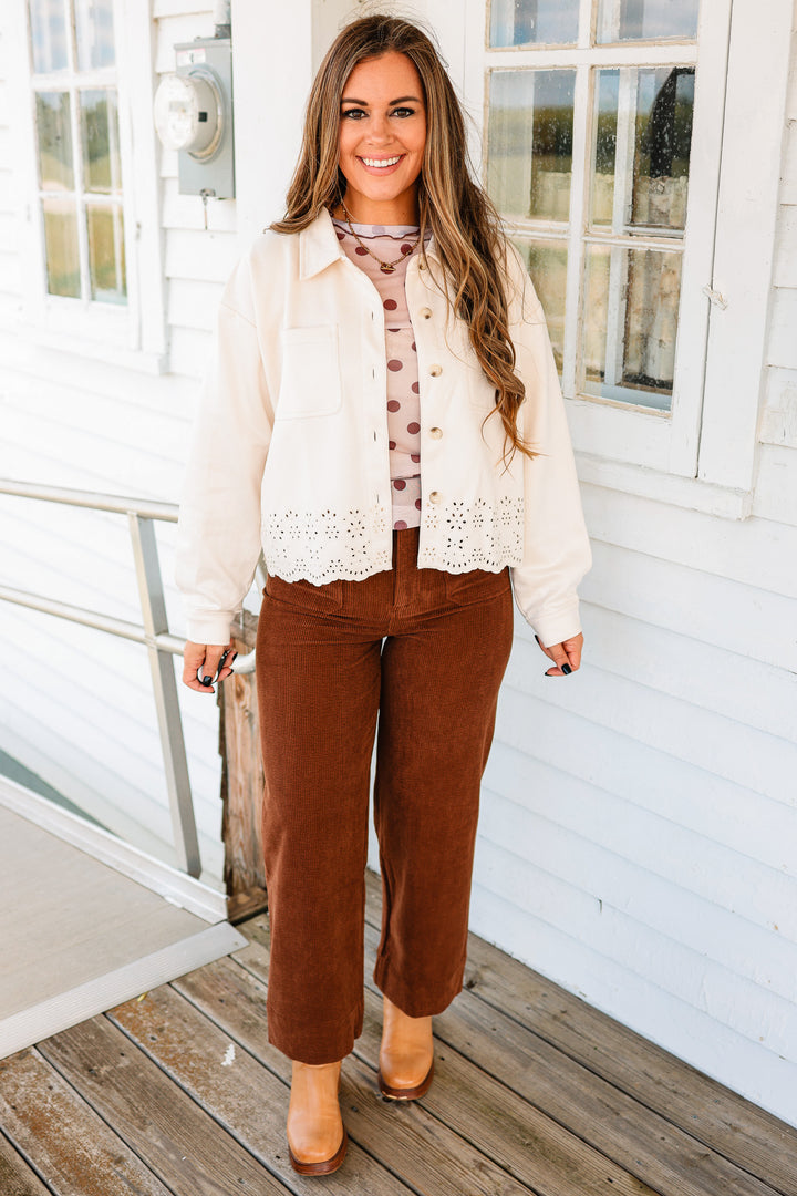 Faith Embroidered Detail Faux Suede Jacket- Ecru