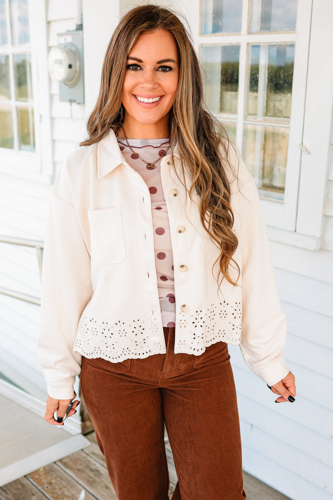 Faith Embroidered Detail Faux Suede Jacket- Ecru