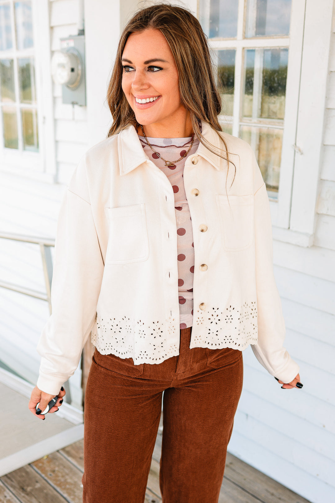 Faith Embroidered Detail Faux Suede Jacket- Ecru