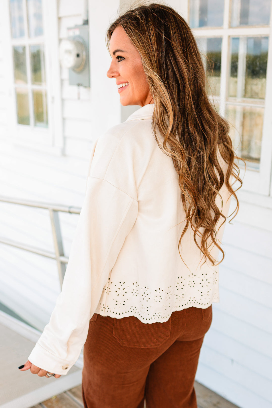 Faith Embroidered Detail Faux Suede Jacket- Ecru
