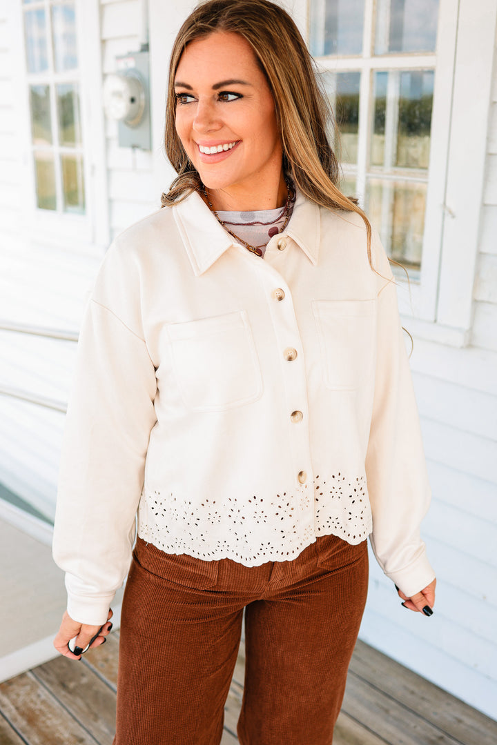 Faith Embroidered Detail Faux Suede Jacket- Ecru