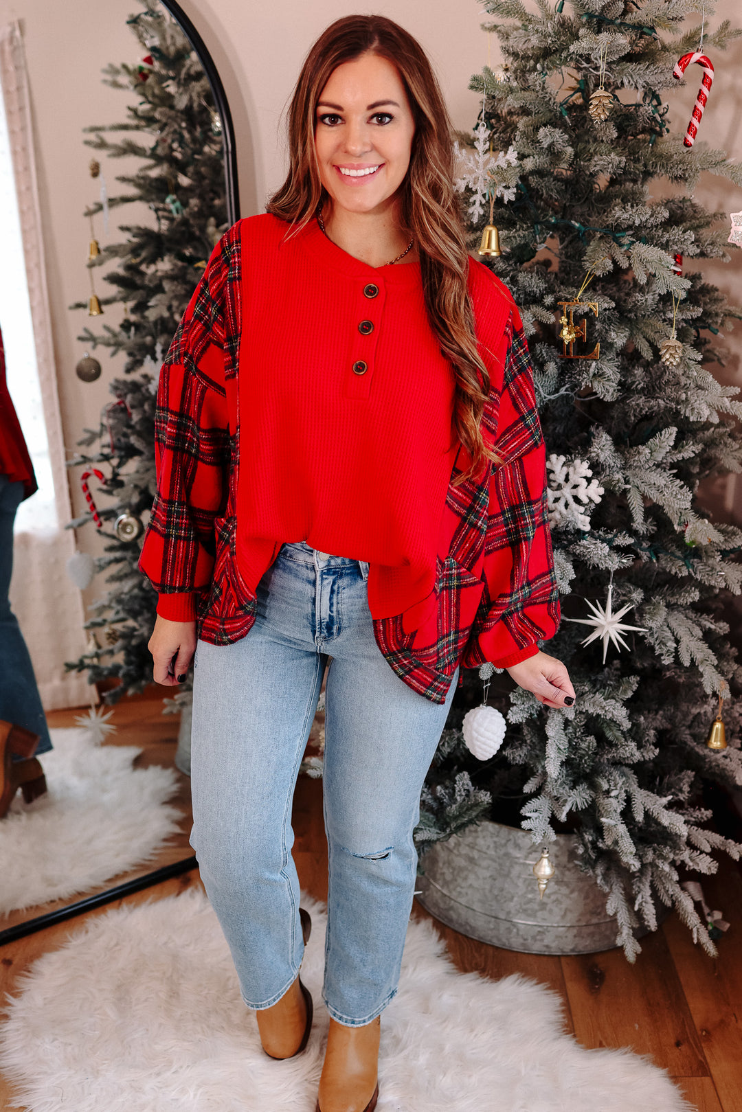 North Fleece Plaid Waffle Knit Top