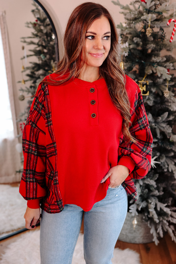 North Fleece Plaid Waffle Knit Top