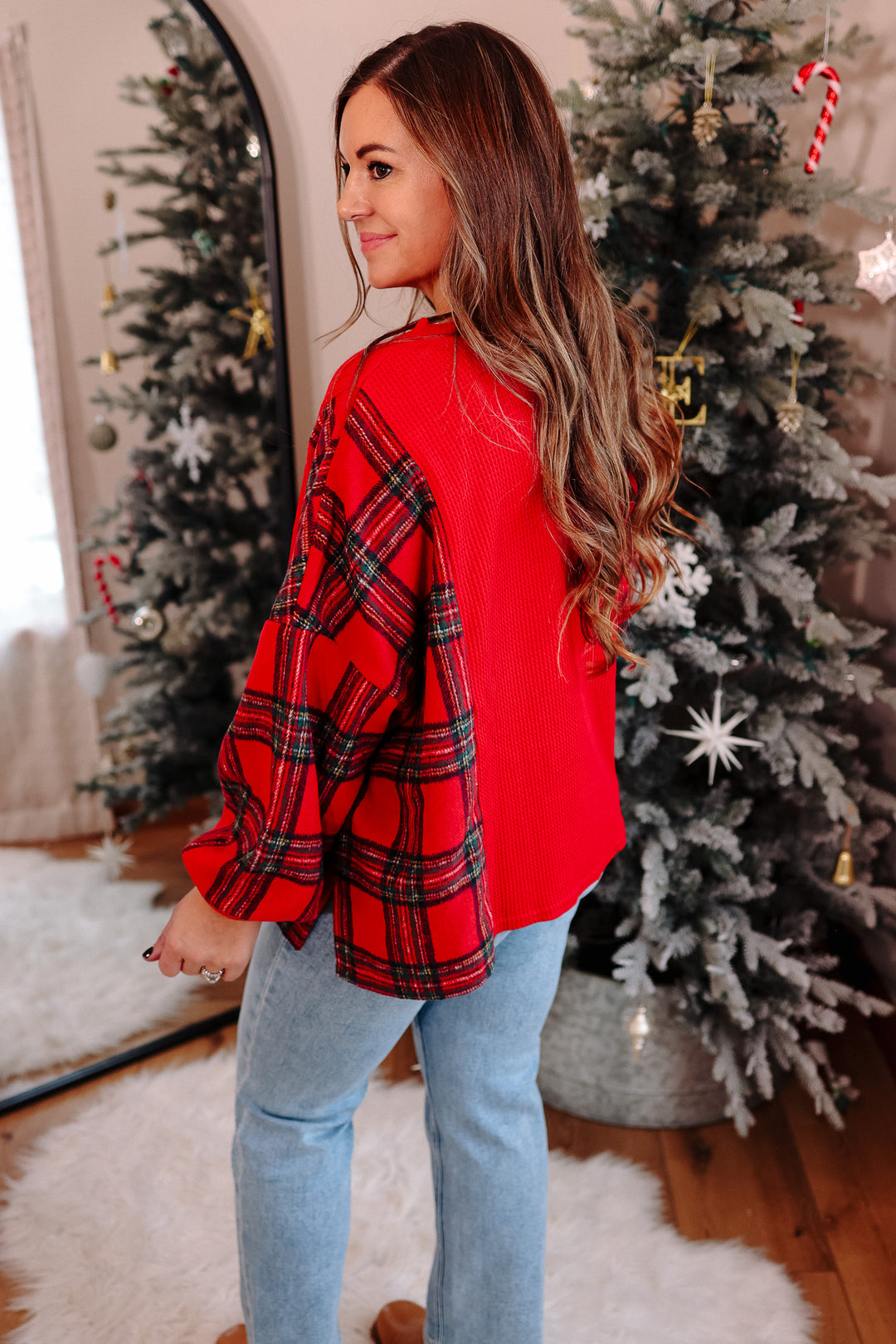 North Fleece Plaid Waffle Knit Top