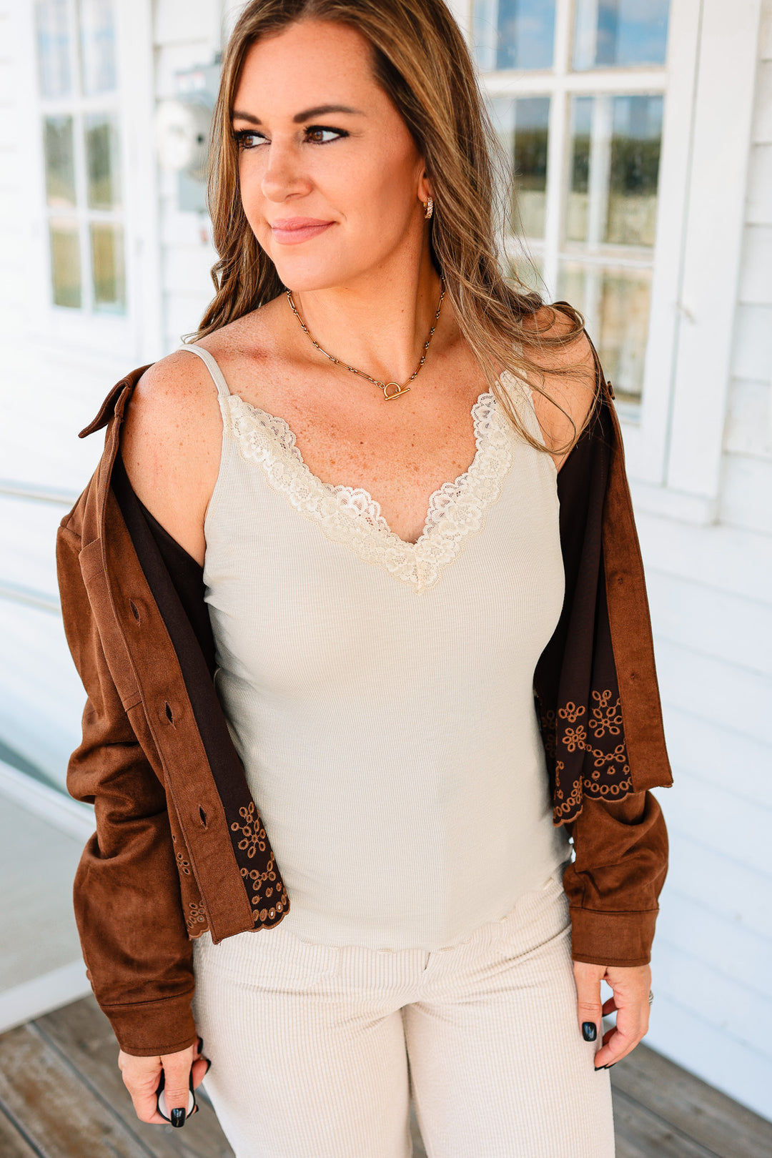 Naomi Lace Detail V Neck Cami - Stone