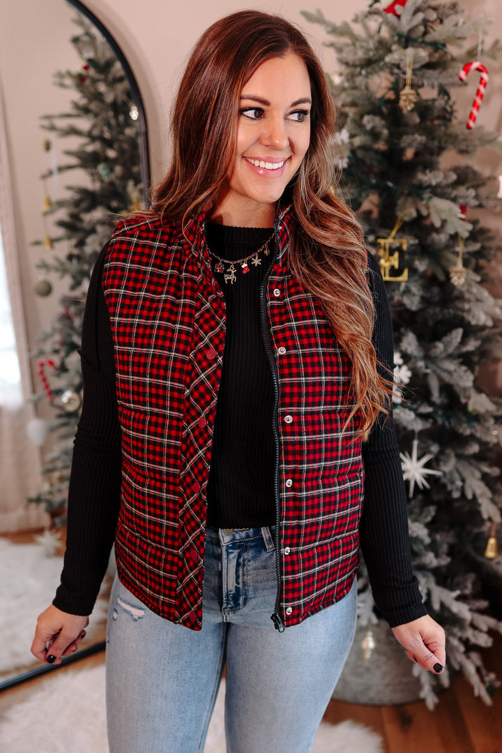 Lenora Plaid Puffer Vest - Red