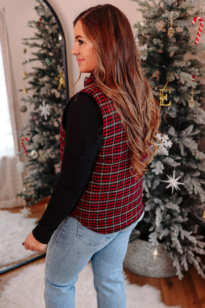 Lenora Plaid Puffer Vest - Red
