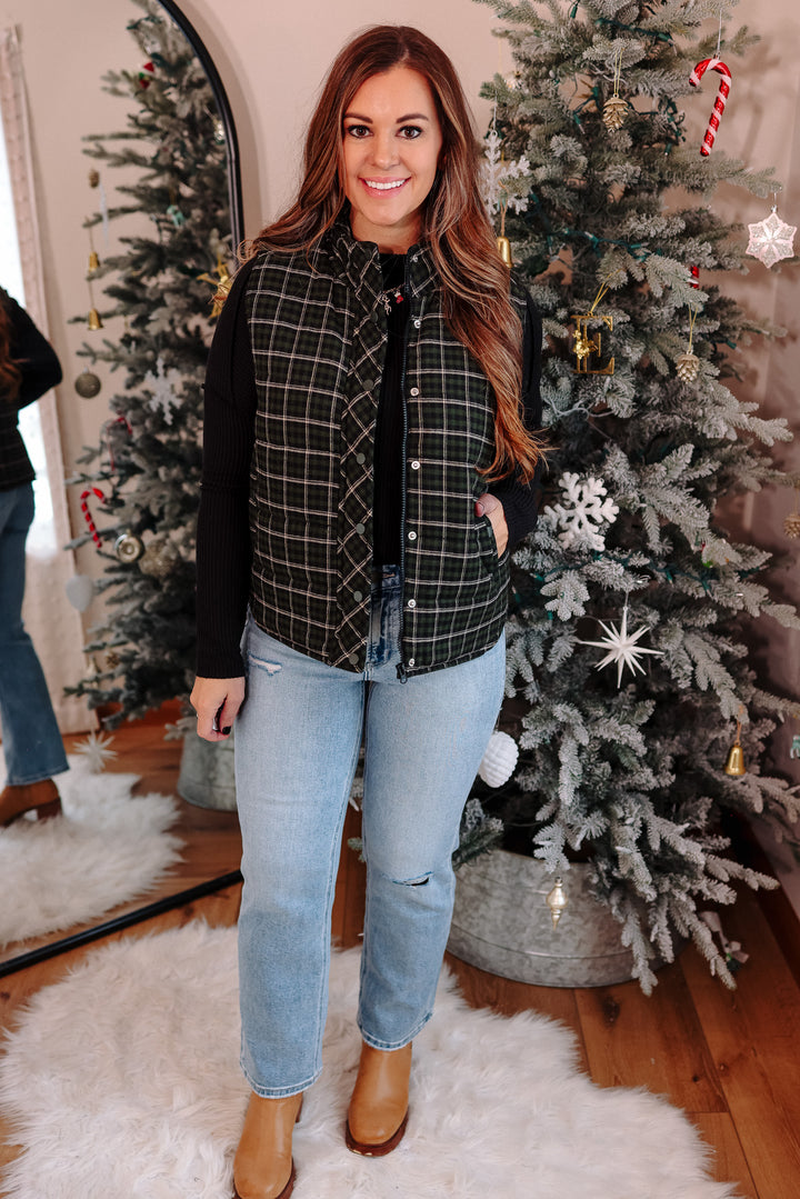 Lenora Plaid Puffer Vest - Dark Green