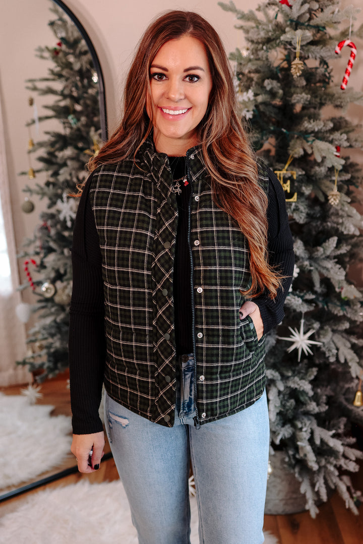 Lenora Plaid Puffer Vest - Dark Green