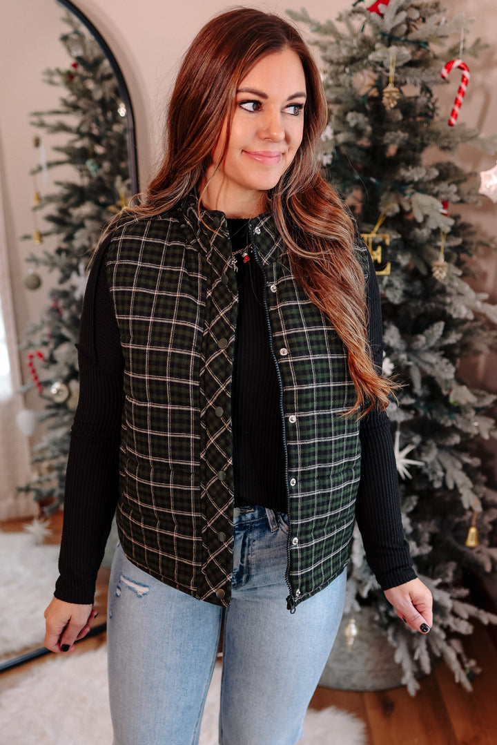 Lenora Plaid Puffer Vest - Dark Green