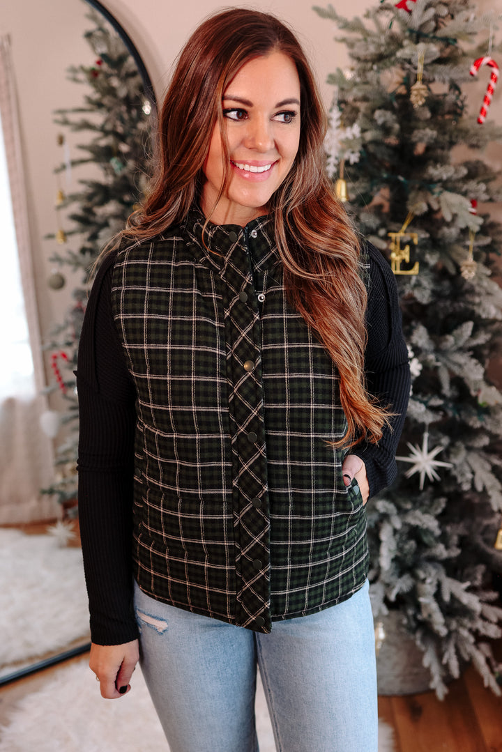 Lenora Plaid Puffer Vest - Dark Green