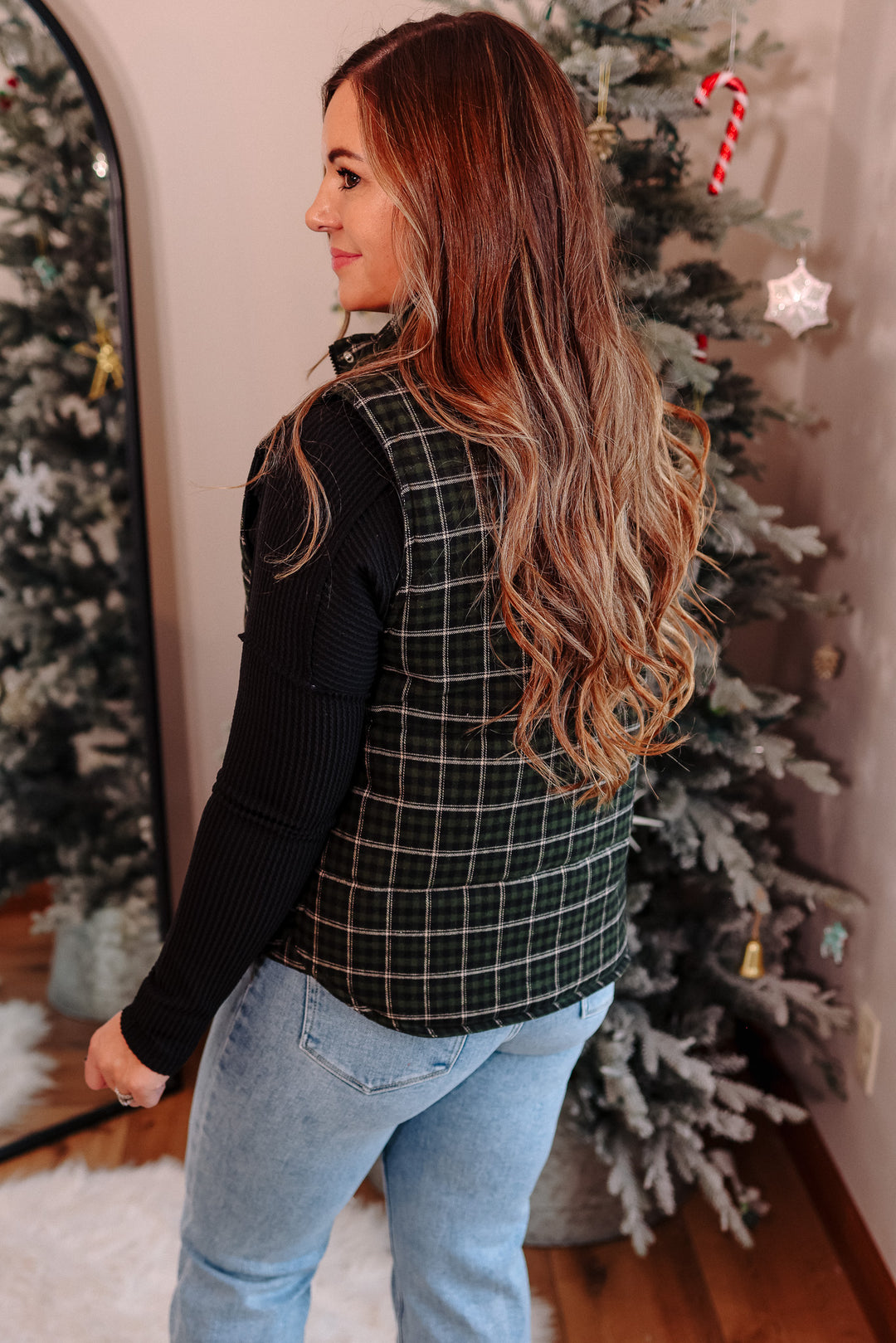 Lenora Plaid Puffer Vest - Dark Green
