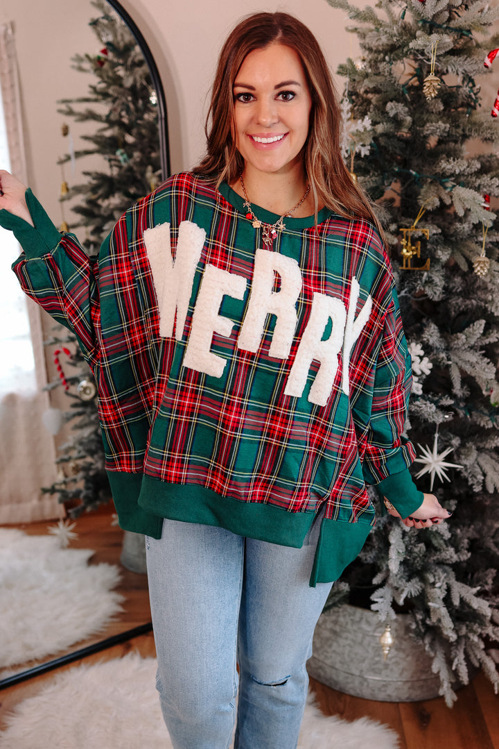 Merry Cut Edge Plaid Sweatshirt - Green