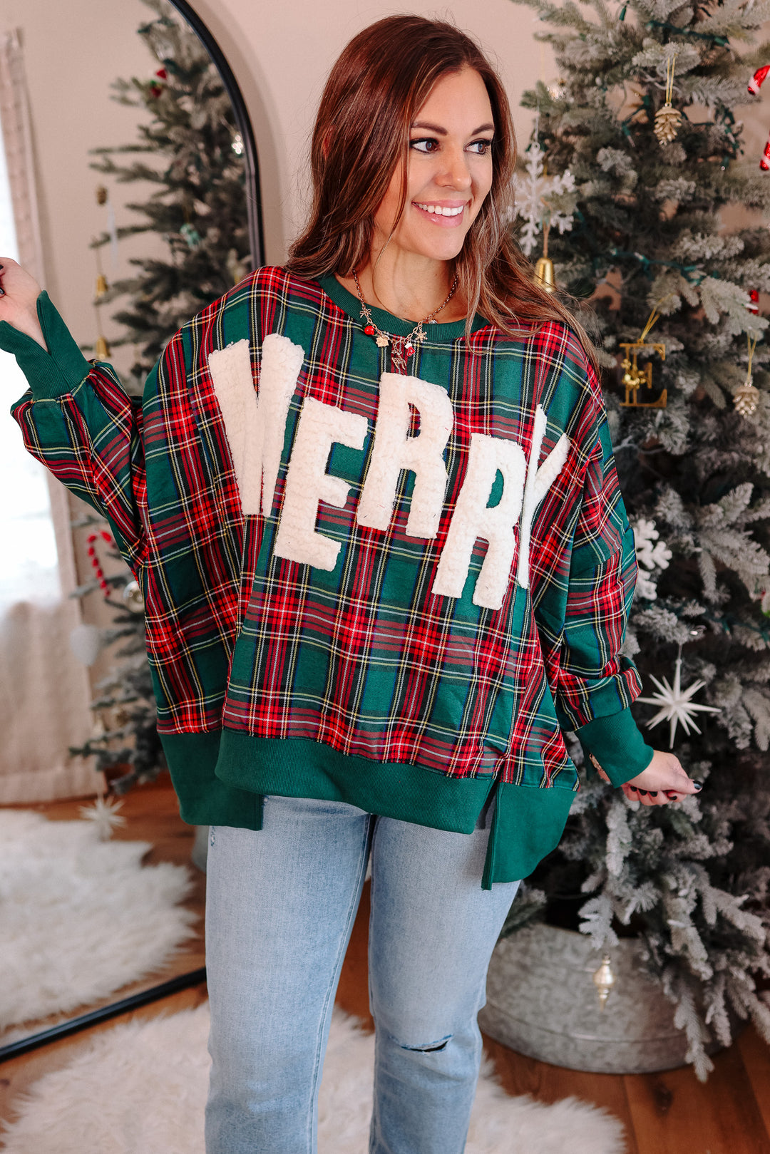 Merry Cut Edge Plaid Sweatshirt - Green