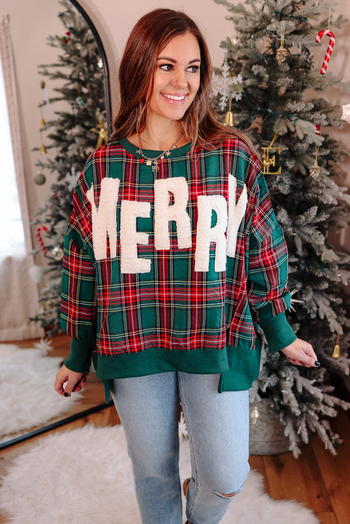 Merry Cut Edge Plaid Sweatshirt - Green