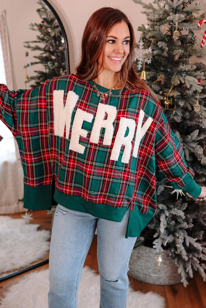 Merry Cut Edge Plaid Sweatshirt - Green