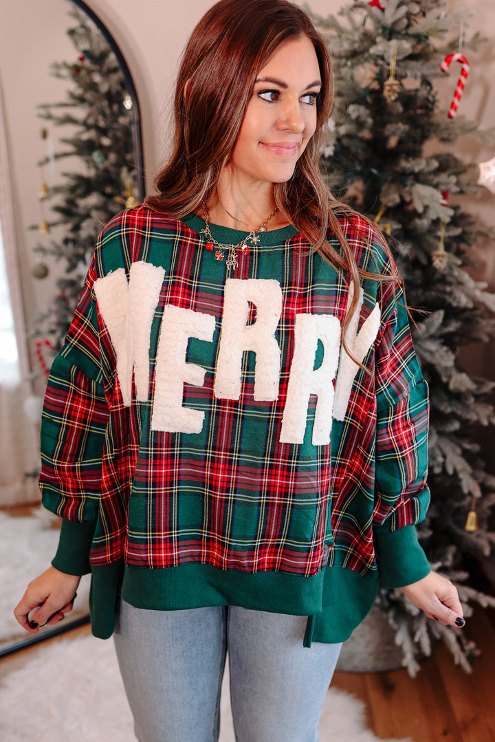 Merry Cut Edge Plaid Sweatshirt - Green