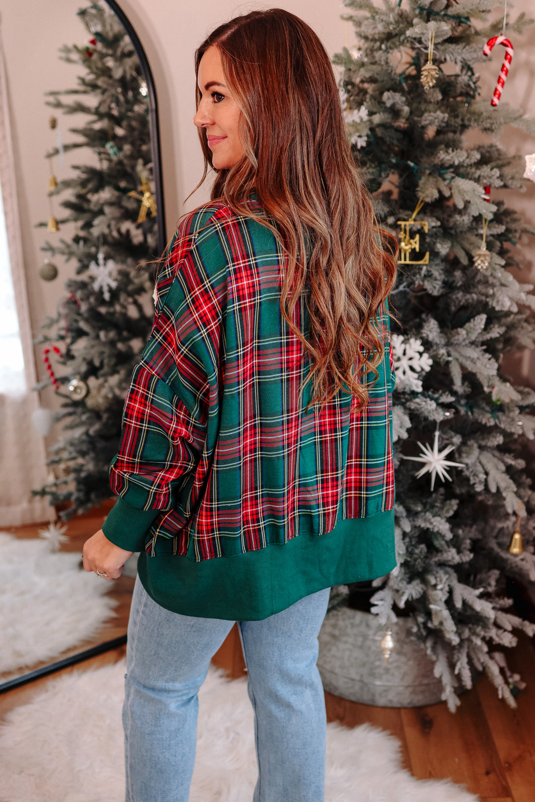 Merry Cut Edge Plaid Sweatshirt - Green