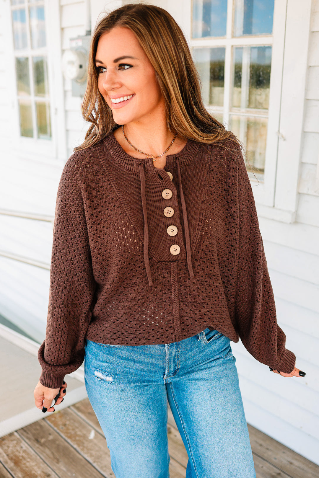 Ayla Henley Dolman Pullover Sweater - Brown