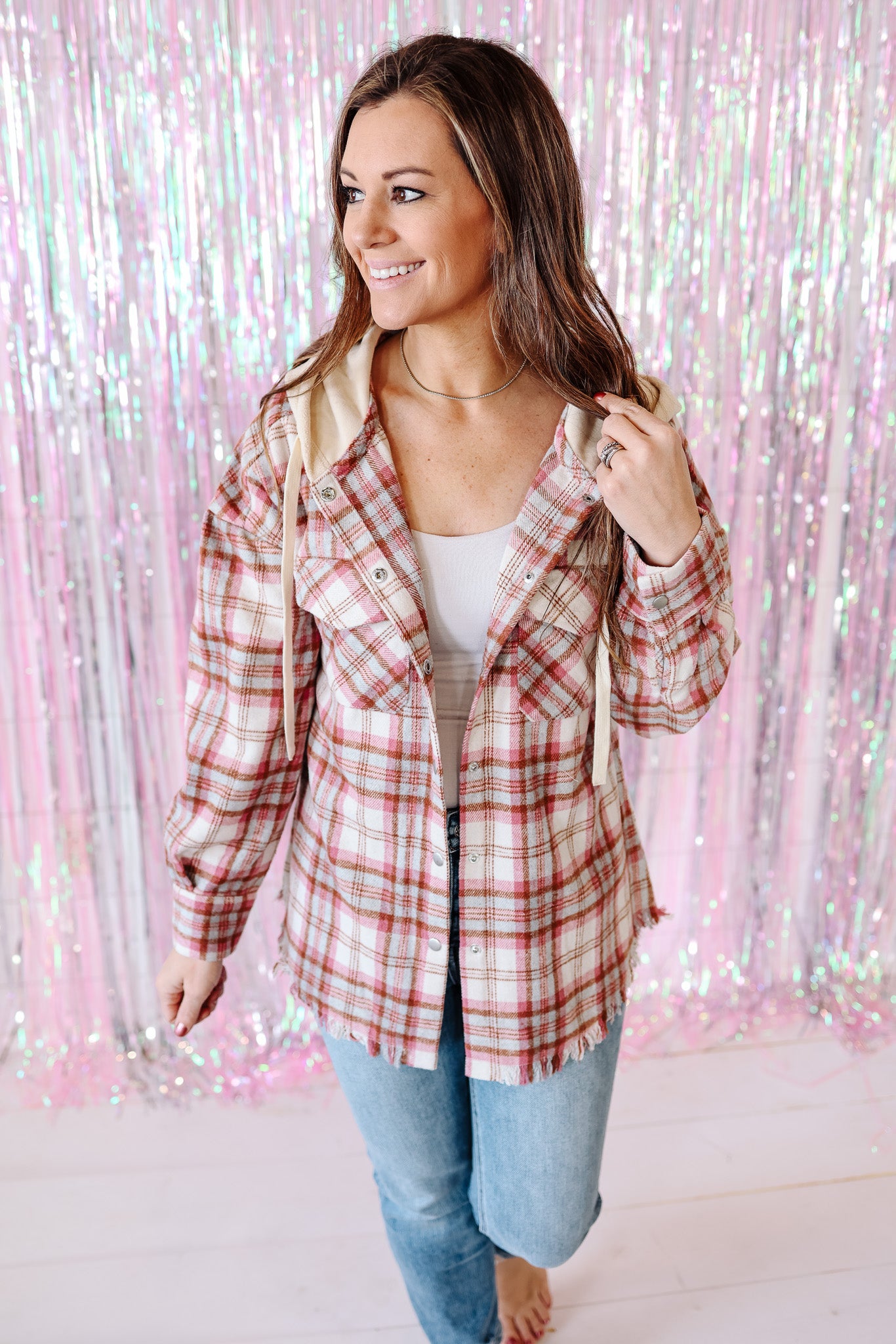 Theo Frayed Hem Hooded Flannel - Pink