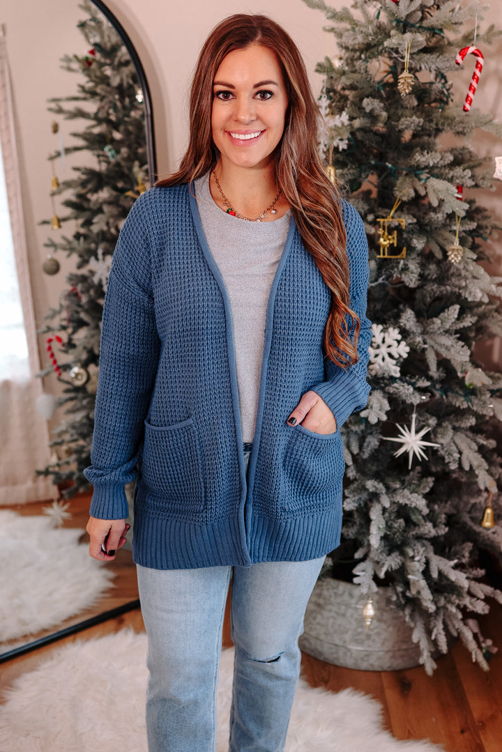 Aviana Waffle Cardigan - Dusty Blue