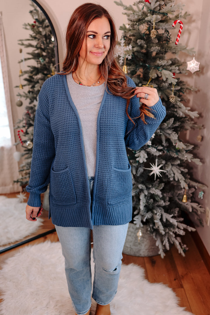 Aviana Waffle Cardigan - Dusty Blue