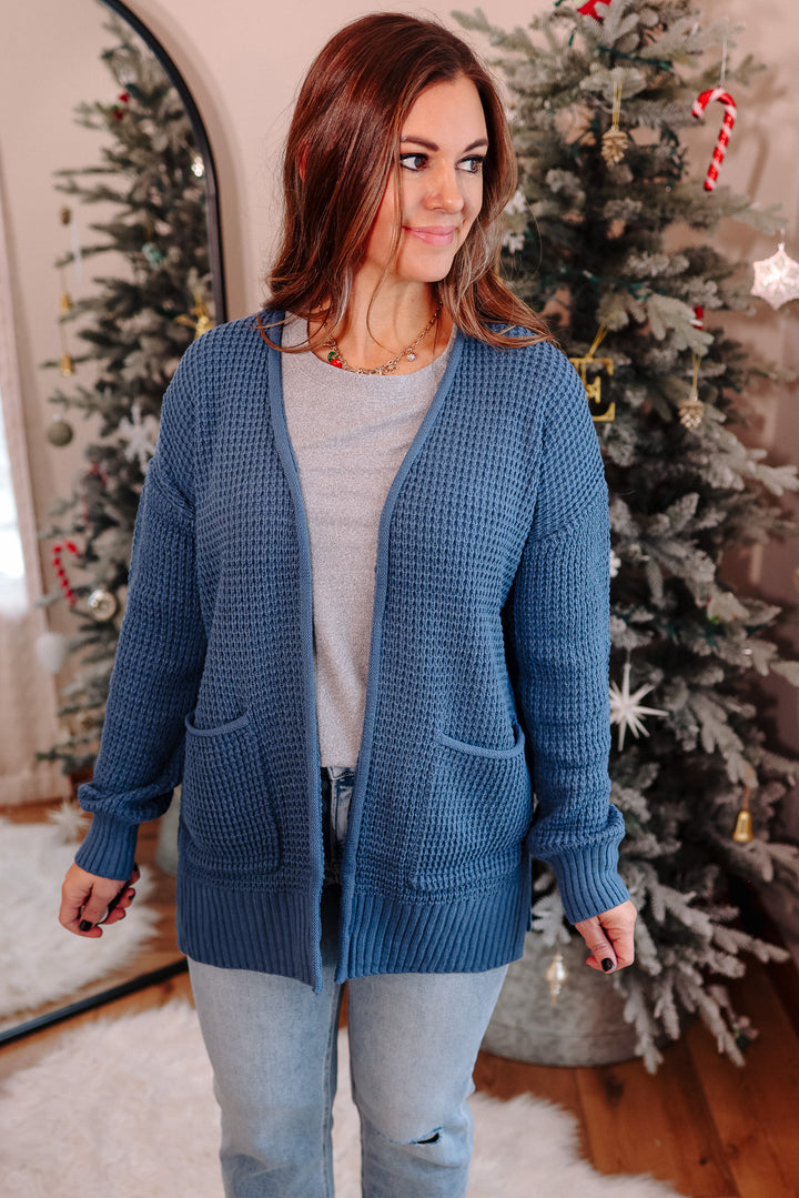 Aviana Waffle Cardigan - Dusty Blue