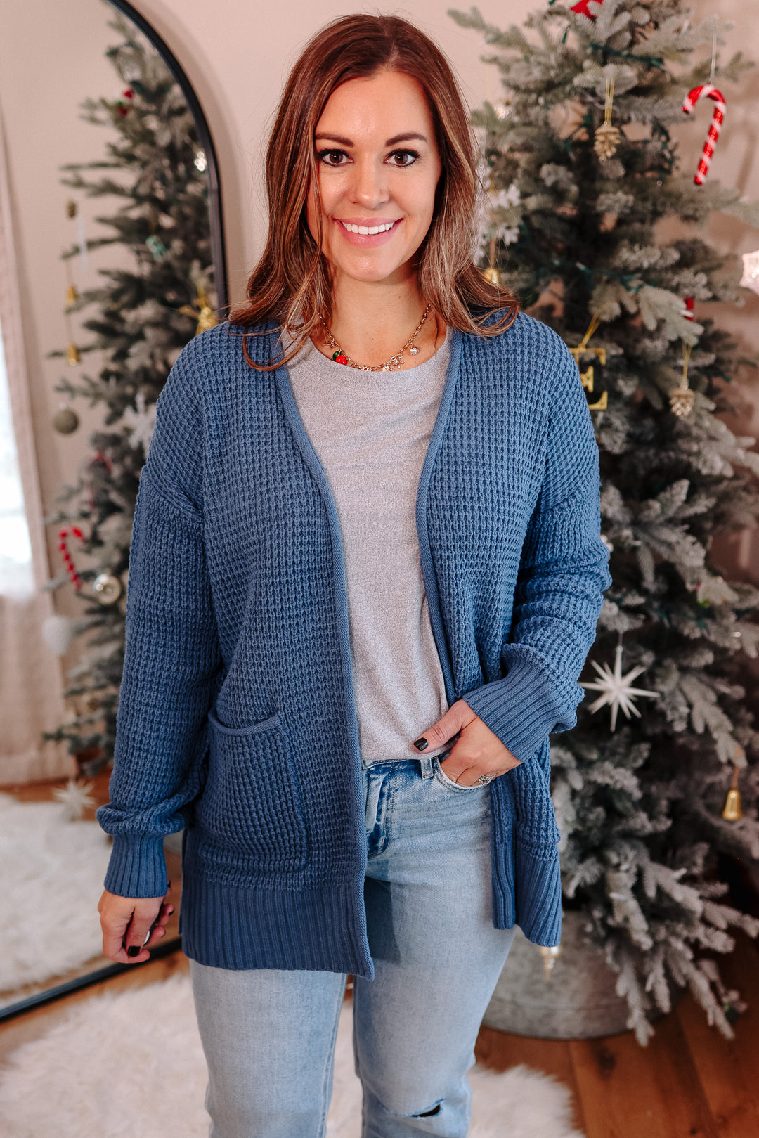 Aviana Waffle Cardigan - Dusty Blue