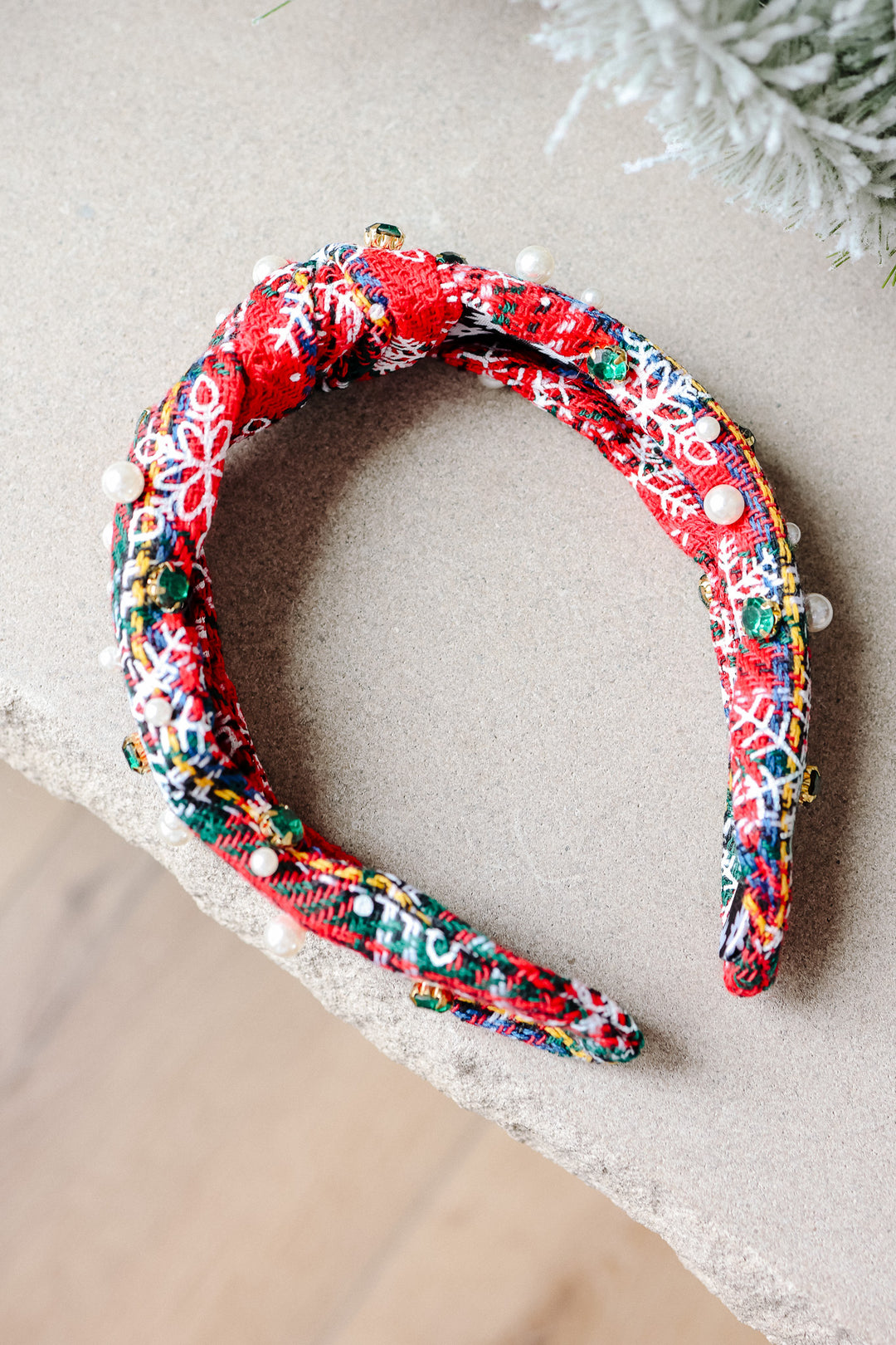 Plaid Rhinestone Wide Knotted Headband - Pearls