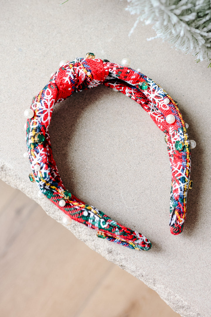 Plaid Rhinestone Wide Knotted Headband - Pearls