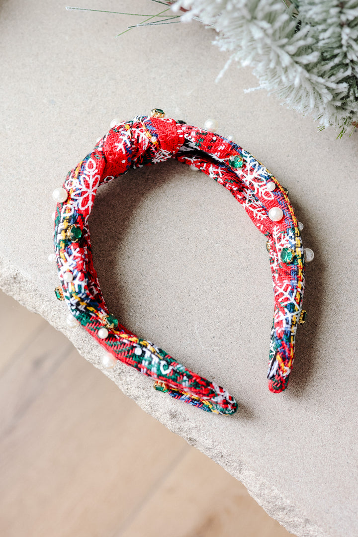 Plaid Rhinestone Wide Knotted Headband - Pearls
