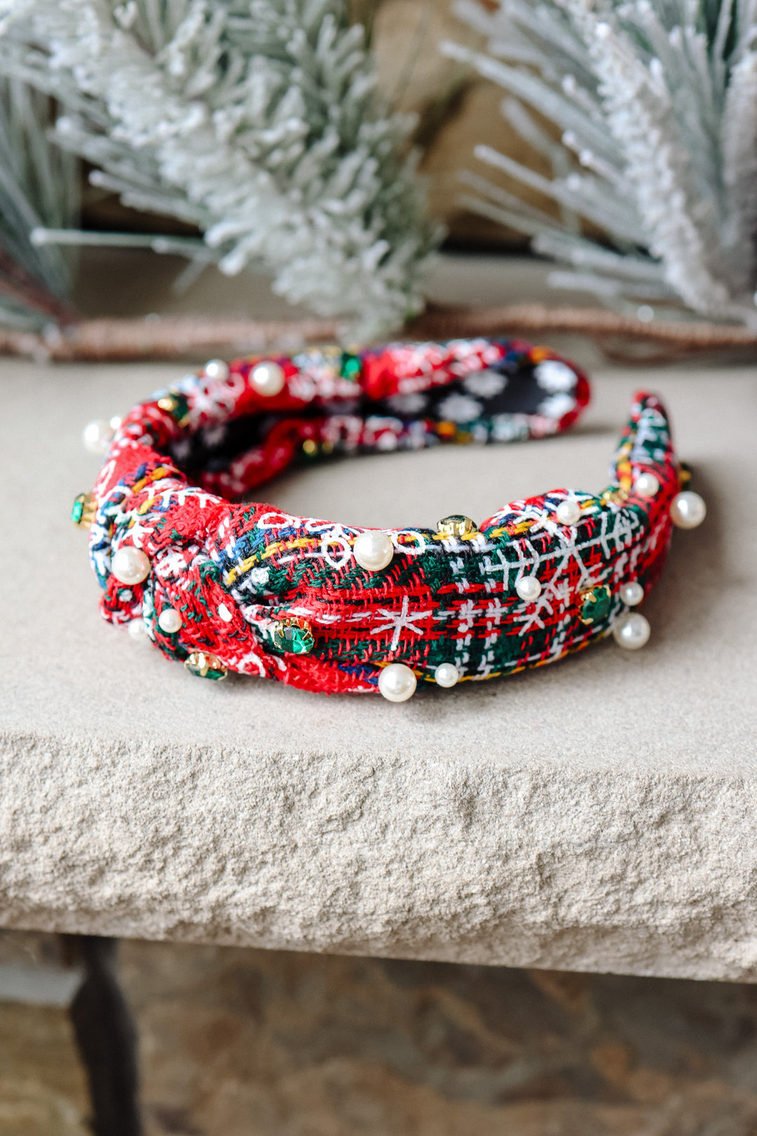 Plaid Rhinestone Wide Knotted Headband - Pearls