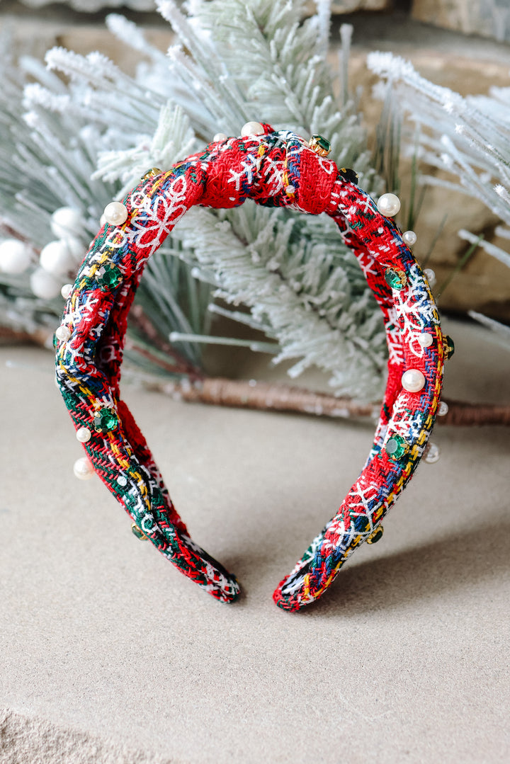 Plaid Rhinestone Wide Knotted Headband - Pearls