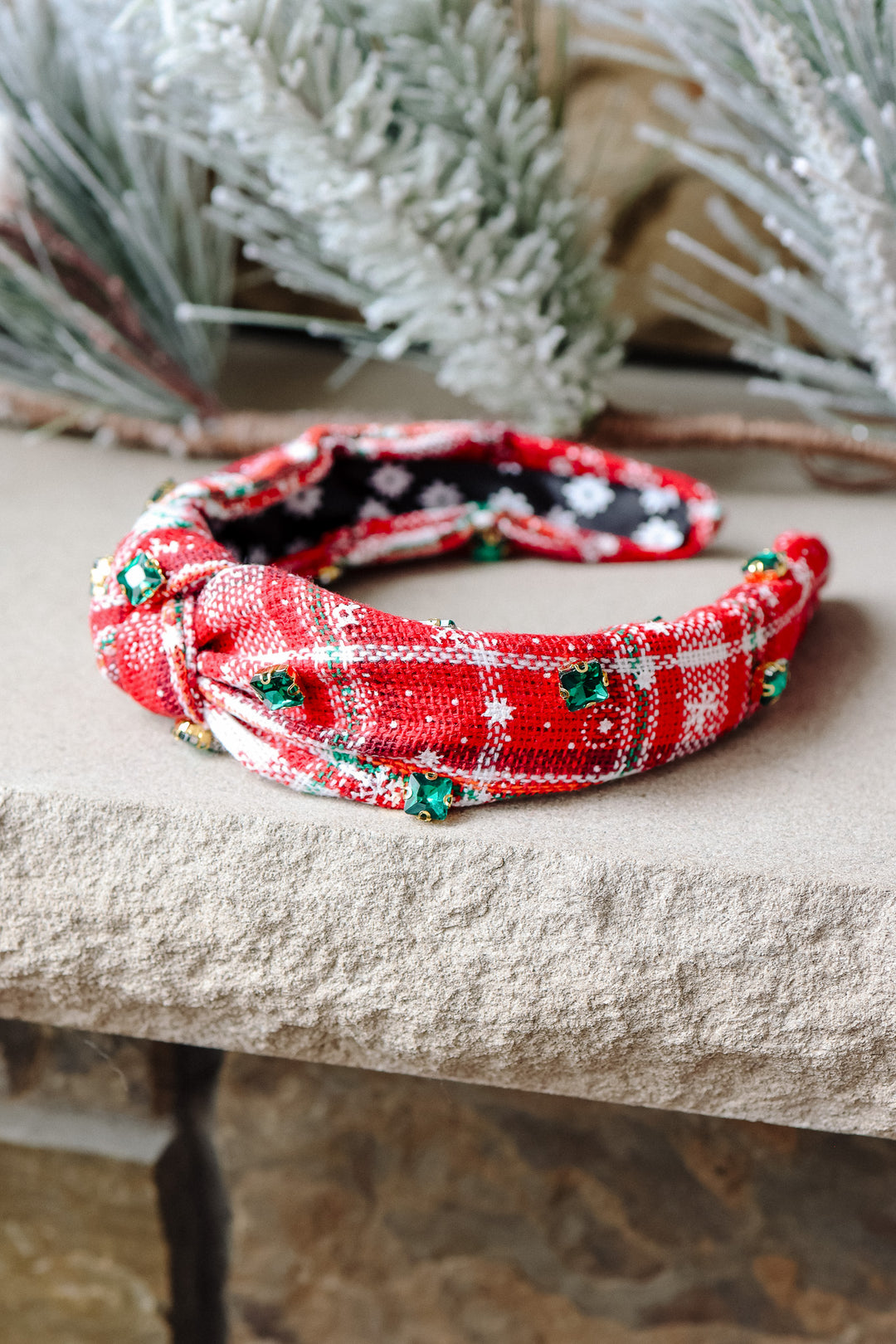 Plaid Rhinestone Wide Knotted Headband - Emeralds