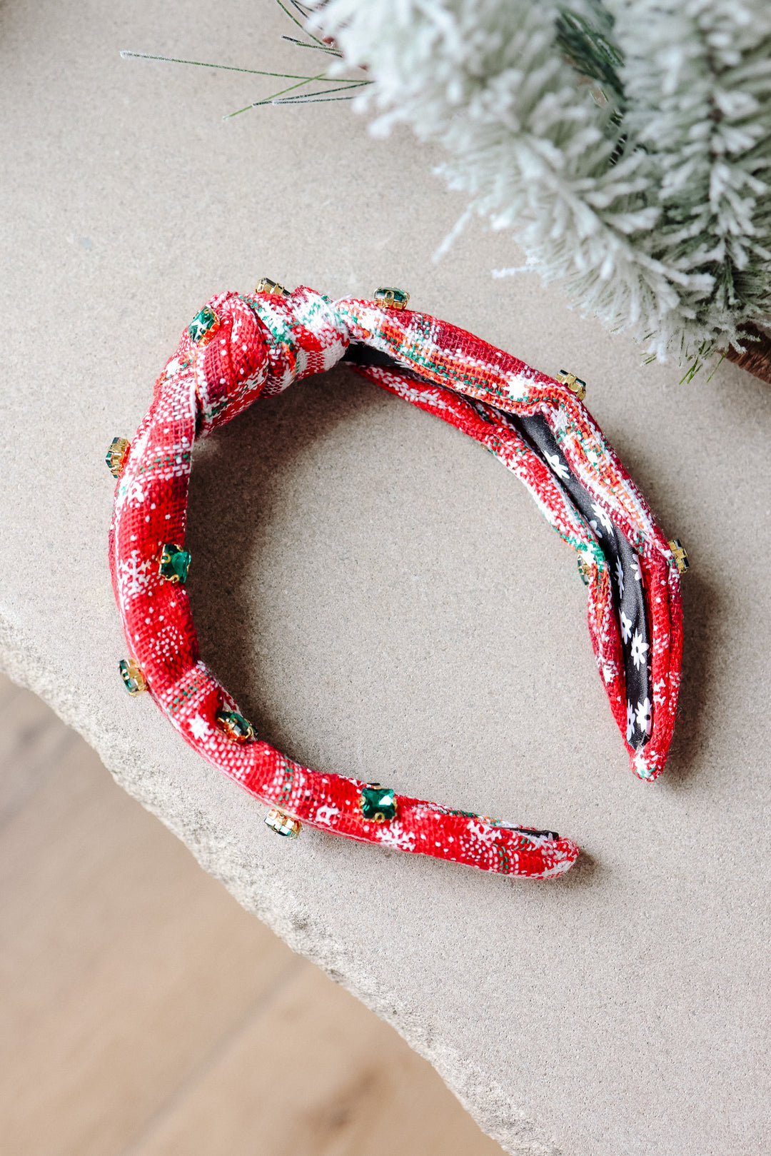 Plaid Rhinestone Wide Knotted Headband - Emeralds