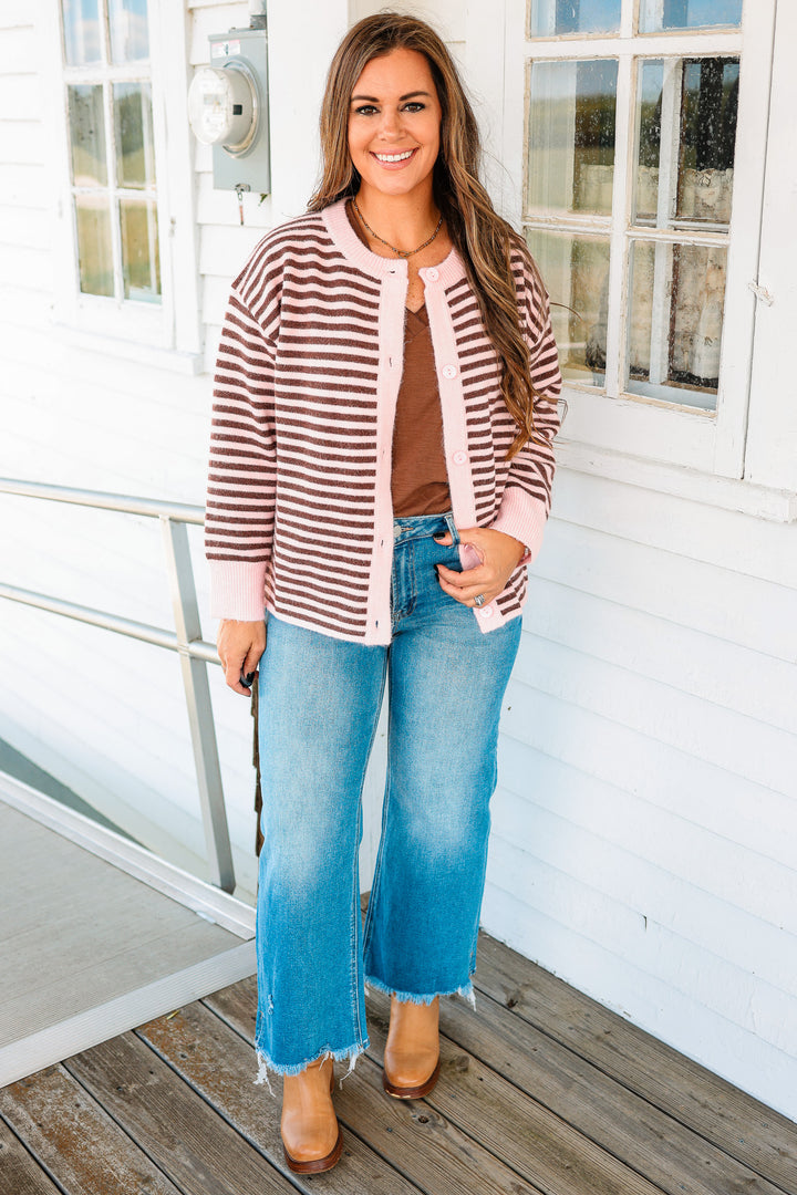 Jayla Striped Button Down Cardigan - Pink/Sepia