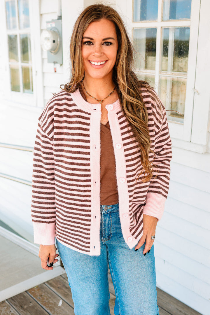 Jayla Striped Button Down Cardigan - Pink/Sepia