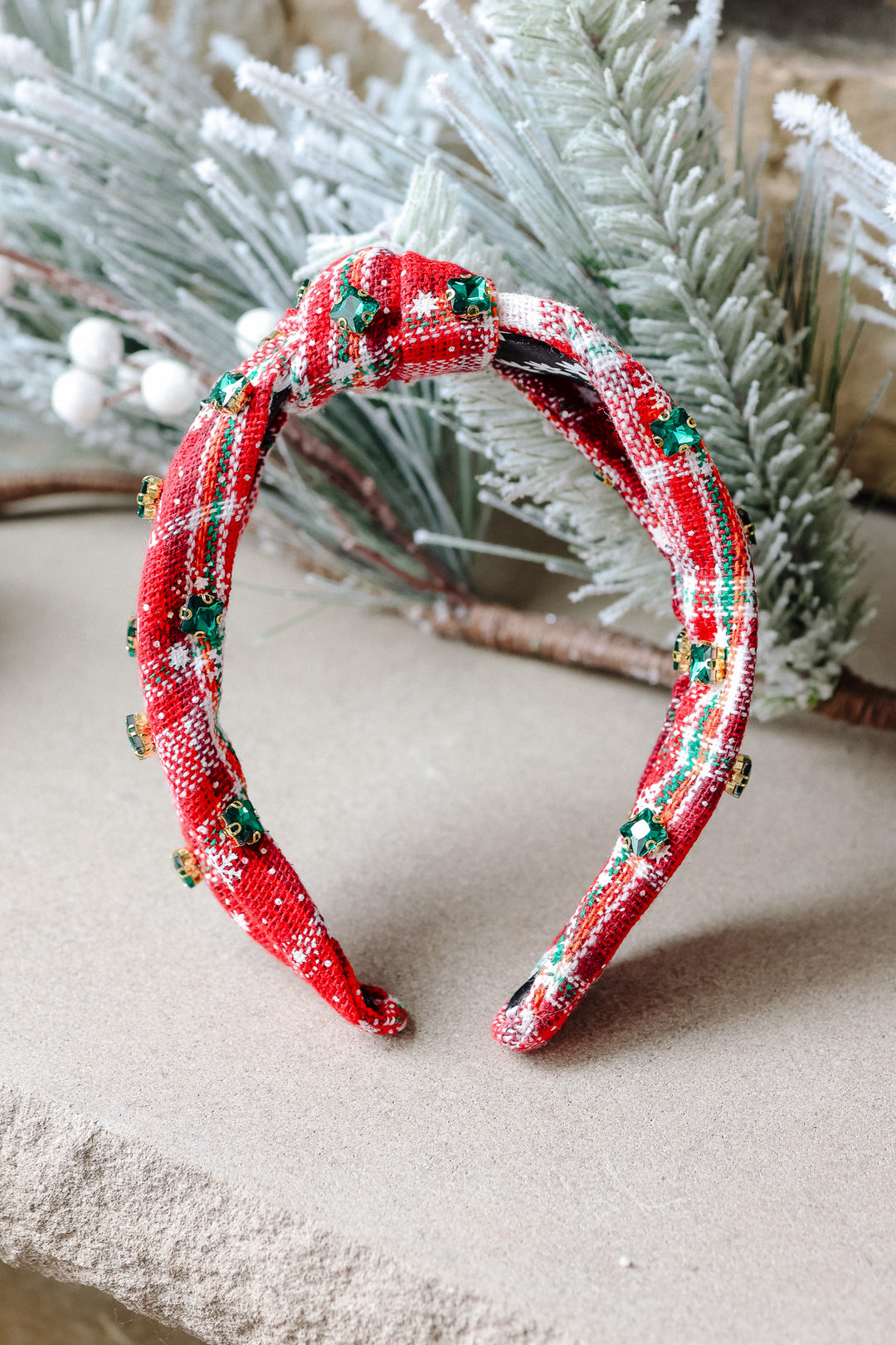 Plaid Rhinestone Wide Knotted Headband - Emeralds