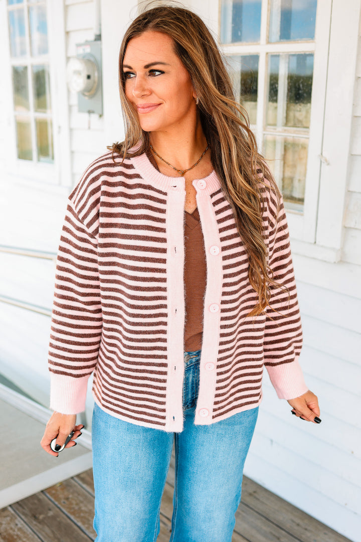 Jayla Striped Button Down Cardigan - Pink/Sepia